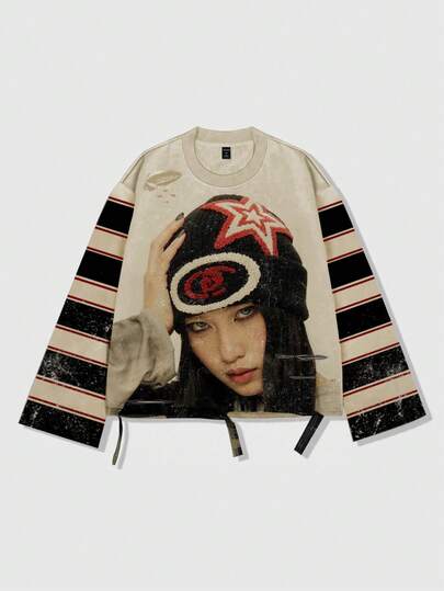 Street Life Vintage Street Style Distressed Saint Graphic Long Sleeve Crew Neck Men's T-Shirt