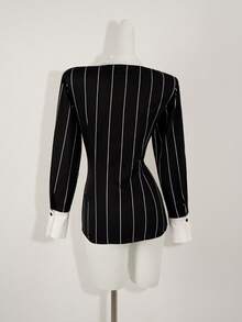 Zolique Women's Contrast Color Shoulder Long Sleeve Front Button Waist Fitted Shirt - Black - View 2