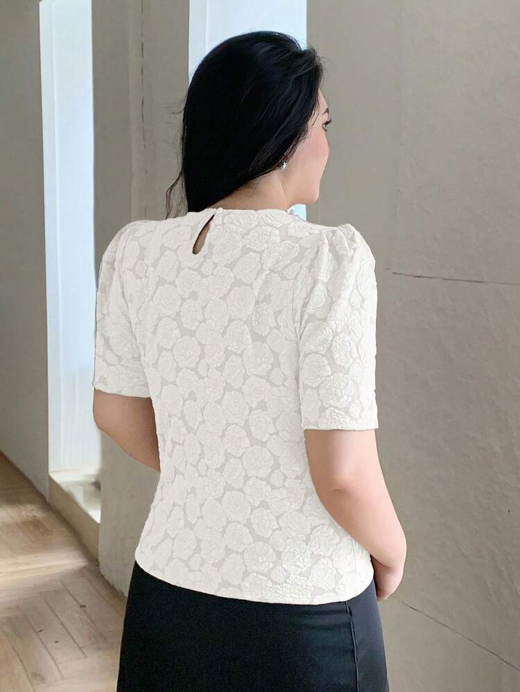 Dazy Plus Plus Size Women Floral Print Puff Sleeve Elegant Spring/Autumn T-Shirt, Suitable For Banquet