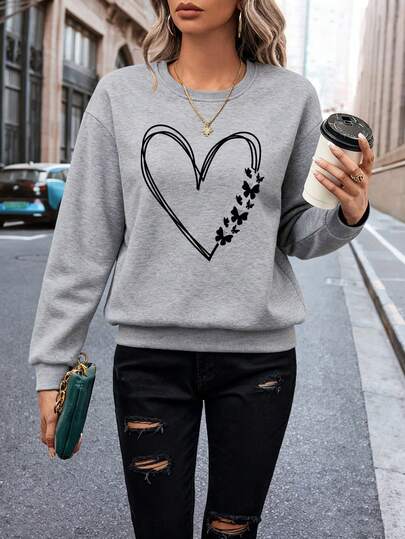 EMERY ROSE Light Gray Women's Sweatshirt, Loose And Warm, Casual And Comfortable, Featuring Heart And Butterfly Patterns