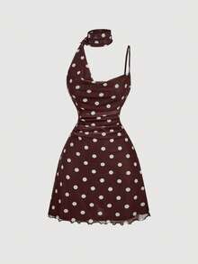 Skyraze Women's Retro Romantic Vintage Elegant Brown And White Polka Dot Summer Mesh Dress Asymmetrical Collar Draped Ruched Waist Party Garden Party Vacation - Brown - View 6