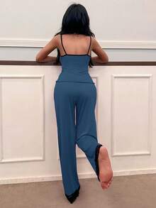 SHEIN 女士睡衣套装，含蕾丝花边吊带背心和裤子 - 水鴨藍 - 查看 2