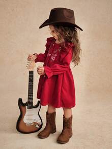 Young Girl Floral Embroidery Ruffle Trim Flounce Sleeve Button Front Cord Dress Dark Green Dress For Young Girl