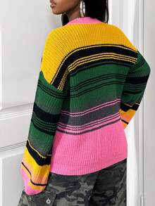 SHEIN BamGlam Suéter holgado de cuello en V con bloques de color para mujer, uso diario casual y de moda - Multicolor - Ver 2