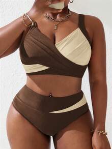 Slaydiva Plus Size Women 2pcs Black & Pink Patchwork Ruched Tankini Swimsuit Set, Summer Beach Holiday - Multicolor - View 1