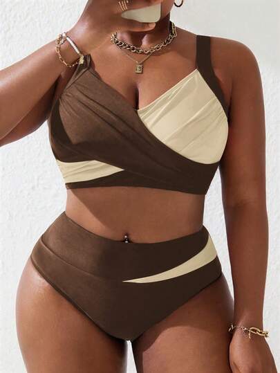 Slaydiva Plus Size Women 2pcs Black & Pink Patchwork Ruched Tankini Swimsuit Set, Summer Beach Holiday