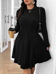 SHEIN Frenchy Váy chữ A chải gân thường ngày cỡ lớn - màu đen - Xem 3