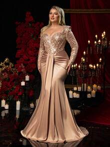 Glamrae Plus-Size Rose Gold Winter Elegant Formal Evening Prom Dress,Coffee-Brown Sequined Sweetheart Neckline Ruching Fishtail Hem Train Heavy-Work Gown - Coffee Brown - View 3