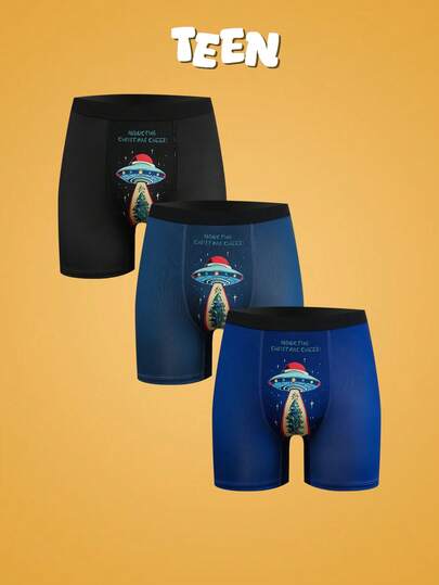 3 piezas Calzoncillos tipo bóxer con diseños únicos de Alien, Nave espacial y Árbol de Navidad, regalos de Navidad divertidos y coloridos para adolescentes