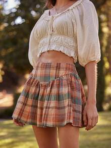 WESTFADE 100% Plaid Cotton Basque Waist Smocked Sides Zipper Back A-Line Mini Skirt Fall, Autumn, Winter, Boho, Casual, Cute, Western Wear, Country - Orange - View 2