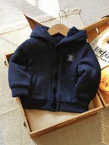 Vintaside Kids 1 件幼儿男童冬季新款 2025 人造毛皮衬里连帽长袖开衫夹克，适合男婴的时尚街头服饰，温暖厚外套 - 藏蓝色 - 查看 4