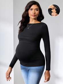 MaterniWear Maternity Solid Color Boat Neck Long Sleeve Ruched Nursing Top Maternity Tops Maternity T Shirts Pregnancy Clothing Pregnancy Shirts Post Partum Clothes  Elegant Women's Blouses - Black - View 7