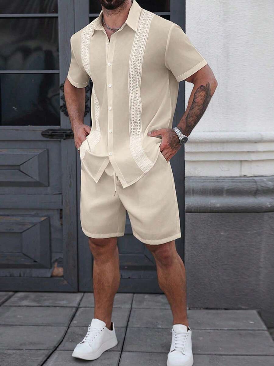 Manfinity Homme Men's Summer Casual Vacation Style Contrast Lace Short Sleeve Loose Shirt