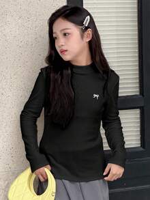 DAZY 女童圓領針織保暖內裡蝴蝶結印花T恤，秋季長袖上衣 - 黑色 - 查看 3