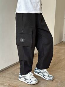 SHEIN 2pcs/Set Tween Boys' Casual Loose Solid Color Cargo Pants With Pockets, Relaxed Fit Woven Joggers, Daily Wear