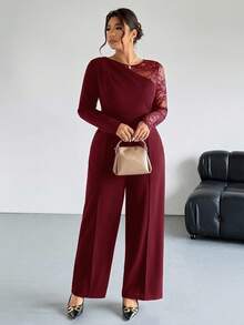 Firerie 大码优雅休闲通勤专业办公室工作日常假日性感派对商务蕾丝拼接长袖修身连体裤女式春秋季 - 酒紅色 - 查看 6