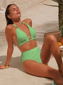 Swim Chiccia 女士纯色吊带性感比基尼两件套泳衣套装 - 綠色 - 查看 4