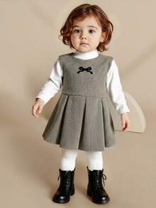 SHEIN 2pcs/Set 6Months-3Years Baby Fall And Winter For Girl Elegant Style Basic Top& Dress - Multicolor - View 4