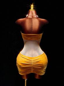 Amplova Women's Mustard Yellow Velvet Mini Skirt,Y2K 70s &Avant-Garde Ruched Waist,Suitable For Summer Party,Christmas,Gala,New Year&Thanksgiving - Champagne - View 3