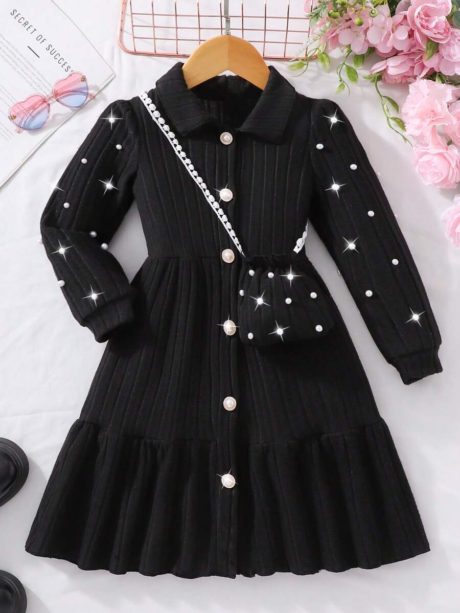 Rochie elegantă pentru fete, cu dungi, volane, decorată cu perle, și geantă crossbody, stil prințesă, ținută dulce - Negru - Vizualizare 1