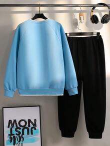 青少年男孩两件套休闲长袖套装 - 淺藍色 - 查看 2