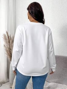 EMERY ROSE Casual Blue Heart Print Plus Size Curved Hem White Thermal Lined Loose Sweatshirt, Suitable For  Women Long Sleeve Tops Graphic,Spring - White - View 4