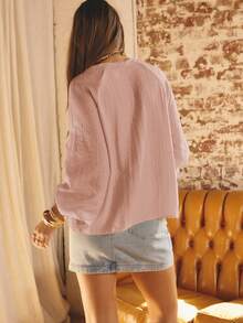 Aralina Ruffled V-Neck Long Sleeve Front Tie Blouse - Baby Pink - View 2