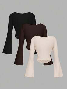 SHEIN MOD 3pcs Women's Solid Color Round Neck Short Flare Sleeve Ruched T-Shirts,Fall,Fall Clothes For Women - Brown - View 2