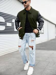 Manfinity LEGND Plus Size Men's Contrast Color Patchwork Front Button Baseball Long Sleeve Jacket - Army Green - View 4