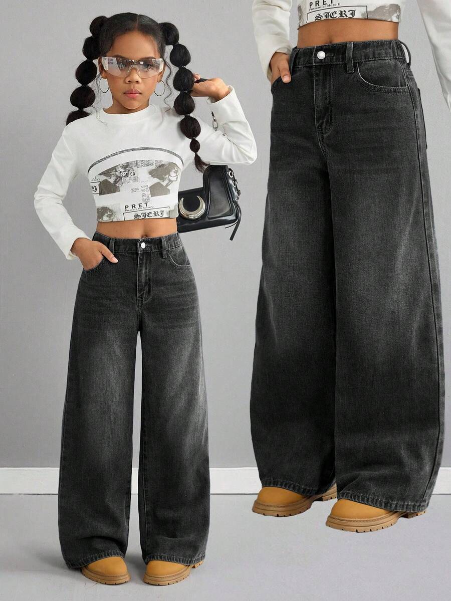 SHEIN Quần jeans ống rộng cạp thấp màu xanh cổ điển dành cho bé gái tuổi teen - màu đen - Xem 1