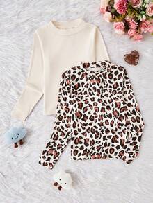 2pcs/Set Young Girl' Soft Milk Silk Leopard Print Long Sleeve Base Layer - Multicolor - View 3