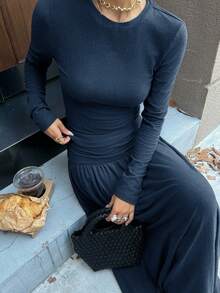 DAZY 女士优雅通勤T恤和裙子两件套 - 寶藍色 - 查看 5