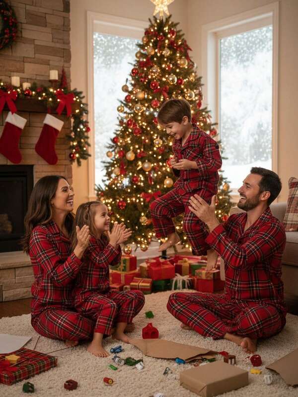 SHEIN 2pcs Young Boy Casual Plaid Simple Placket New Button Red Christmas Pocket Elastic Waist Pajama Set Winter Winter