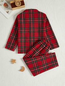 SHEIN 2pcs Young Boy Casual Plaid Simple Placket New Button Red Christmas Pocket Elastic Waist Pajama Set Winter Winter - Multicolor - View 2