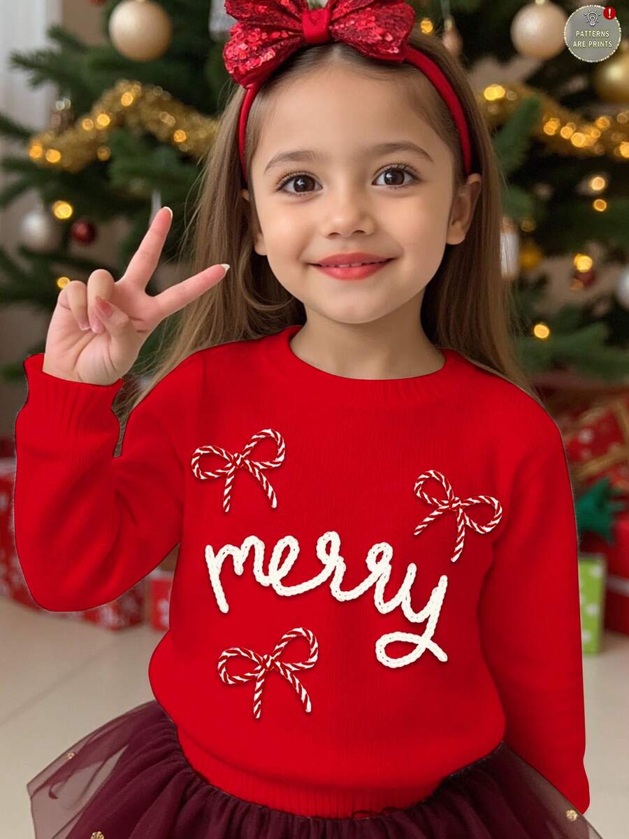 SHEIN 圣诞快乐少女休闲可爱圣诞手绘英文“Merry”,蝴蝶结装饰,圣诞红,圆领舒适长袖毛衣适合秋冬,早秋毛衣,针织毛衣,轻松针织造型,秋冬针织时尚,秋冬休闲牛仔,红色毛衣,圣诞毛衣 - 紅色 - 查看 1