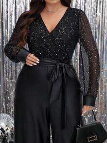 SHEIN LUNE Plus Size Women's Sequin Patchwork Long Sleeve Belted Wide Leg Elegant Jumpsuit New Year Sparkly - Black - View 3