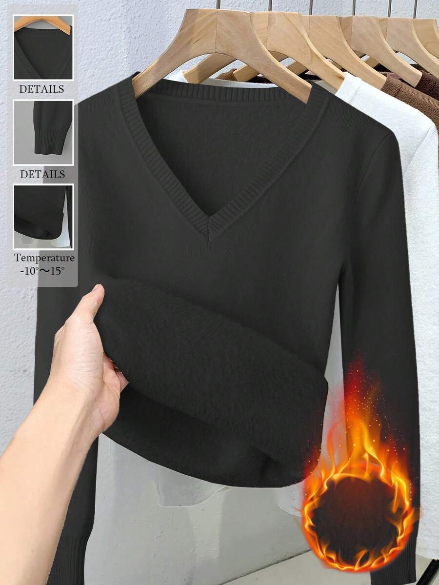 Franclia 女士休闲纯色V领长袖套头毛衣，带保暖内衬，秋冬季 - 黑色 - 查看 1