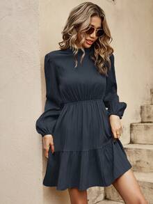 SHEIN Clasi Women's Solid Color Ruffle Collar Lantern Sleeve Ruffle Hem Casual Dress - Grey - View 4