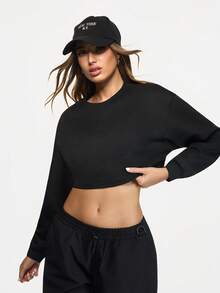 Eassivo Damen Einfarbiger Rundhals Drop-Shoulder Langarm Crop Sweatshirt