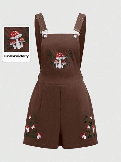 Plus Size Fairycore Vine & Mushroom Embroidered Jumpsuit, Plus Size Vintage Mushroom Embroidered Jumpsuit For Autumn/Winter