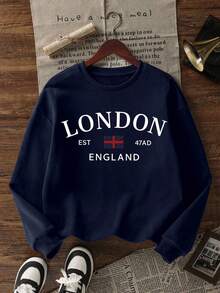 EMERY ROSE 大码休闲圆领长袖运动衫，度假风，秋冬 - 藏蓝色 - 查看 5