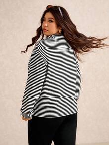 Elaquor 大码女式休闲宽松条纹落肩长袖半开襟 T 恤，秋季