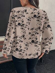 Reflora Plus Size Women Floral Print Crew Neck Long Sleeve Casual Elegant Shirt, Suitable For Spring & Autumn Chic Blouses For Women