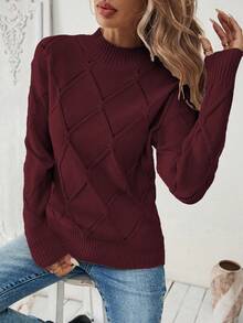 EMERY ROSE Solid Color Round Neck Casual Slim Fit Pullover Long Sleeve Sweater Burgundy Tops For Women - Burgundy - View 5