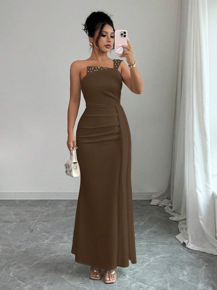Rafferiza Đầm cocktail đuôi cá ôm sát eo xếp ly đính hạt thanh lịch dành cho nữ - Cà phê - Xem 1