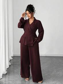 Elenzga Bộ đồ hai mảnh kiểu Pháp thanh lịch dành cho nữ cỡ lớn, thích hợp cho công sở, đi làm hoặc đi nghỉ mát, cổ áo kiểu phương Tây, thắt nơ chéo, hai túi bên hông, quần ống rộng thẳng, thích hợp cho mùa xuân/thu/đông. Bộ đồ hai mảnh gồm áo và quần, bộ quần ống rộng, bộ đồ cỡ lớn dành cho nữ. - Màu Tím - Xem 1