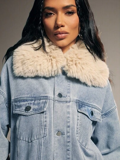Denimoi 仿皮草大领落肩牛仔夹克，秋冬夹克，时尚