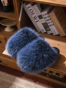 Suela de 4 cm de grosor, 6 cm de felpa. Zapatos de piel esponjosa de alta gama para mujer invierno 2025 nuevo interior hogar cálido felpa zapatillas de algodón antideslizantes - Azul - Ver 1