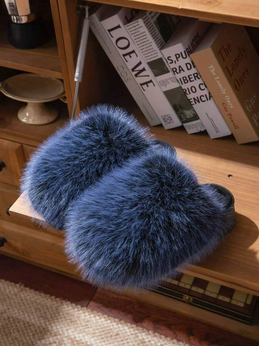 Suela de 4 cm de grosor, 6 cm de felpa. Zapatos de piel esponjosa de alta gama para mujer invierno 2025 nuevo interior hogar cálido felpa zapatillas de algodón antideslizantes - Azul - Ver 1