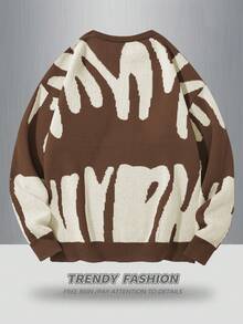 Manfinity EMRG Áo len nam cỡ lớn, kiểu dáng thường ngày, họa tiết chữ cái, màu nâu, phong cách grunge, áo len in hình, phong cách Y2K, tay dài. - màu nâu - Xem 2